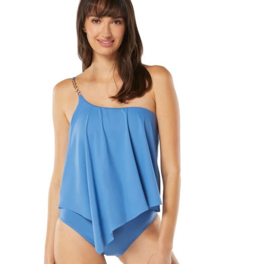 NWT Michael Kors Signature Solids Logo Chain One Shoulder Tankini Top Tide Blue